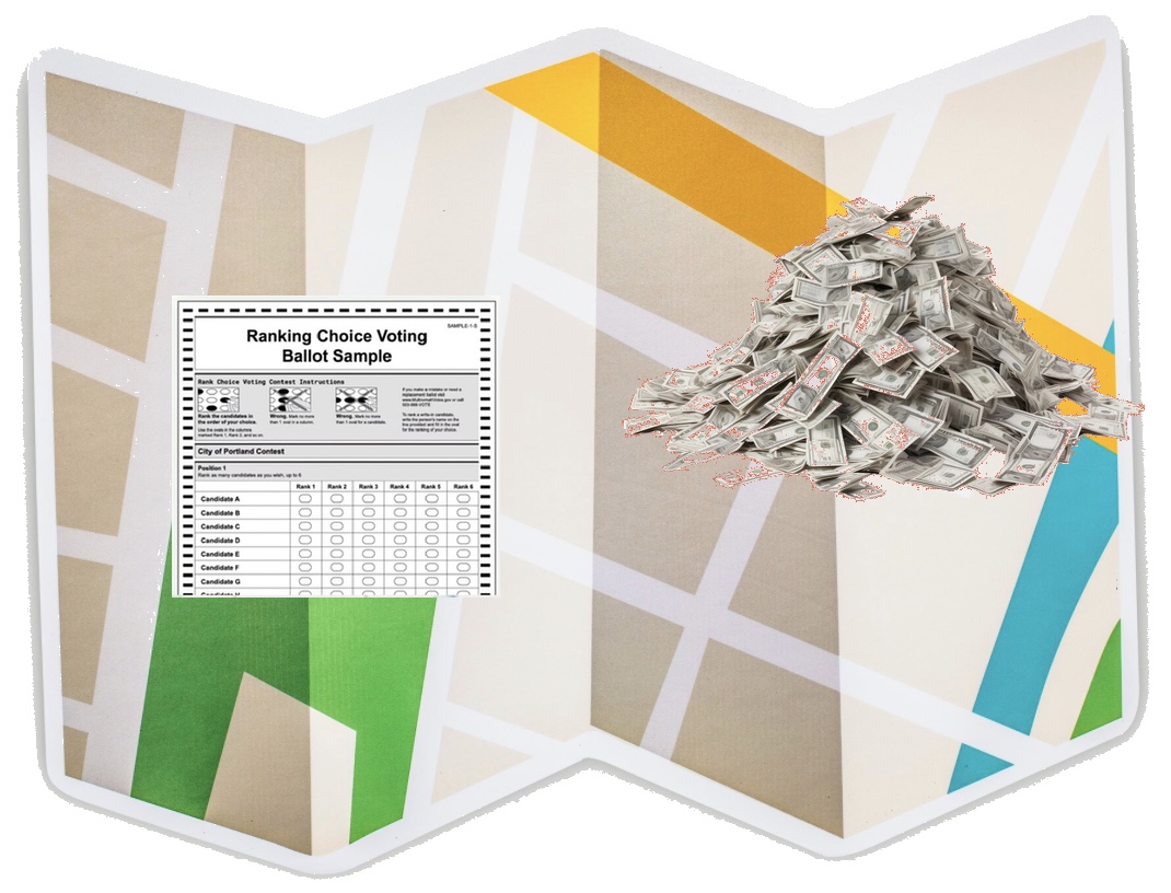header picture of maps, ballots, money